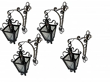 4 Wall lights in wrought iron and glass, 1970s