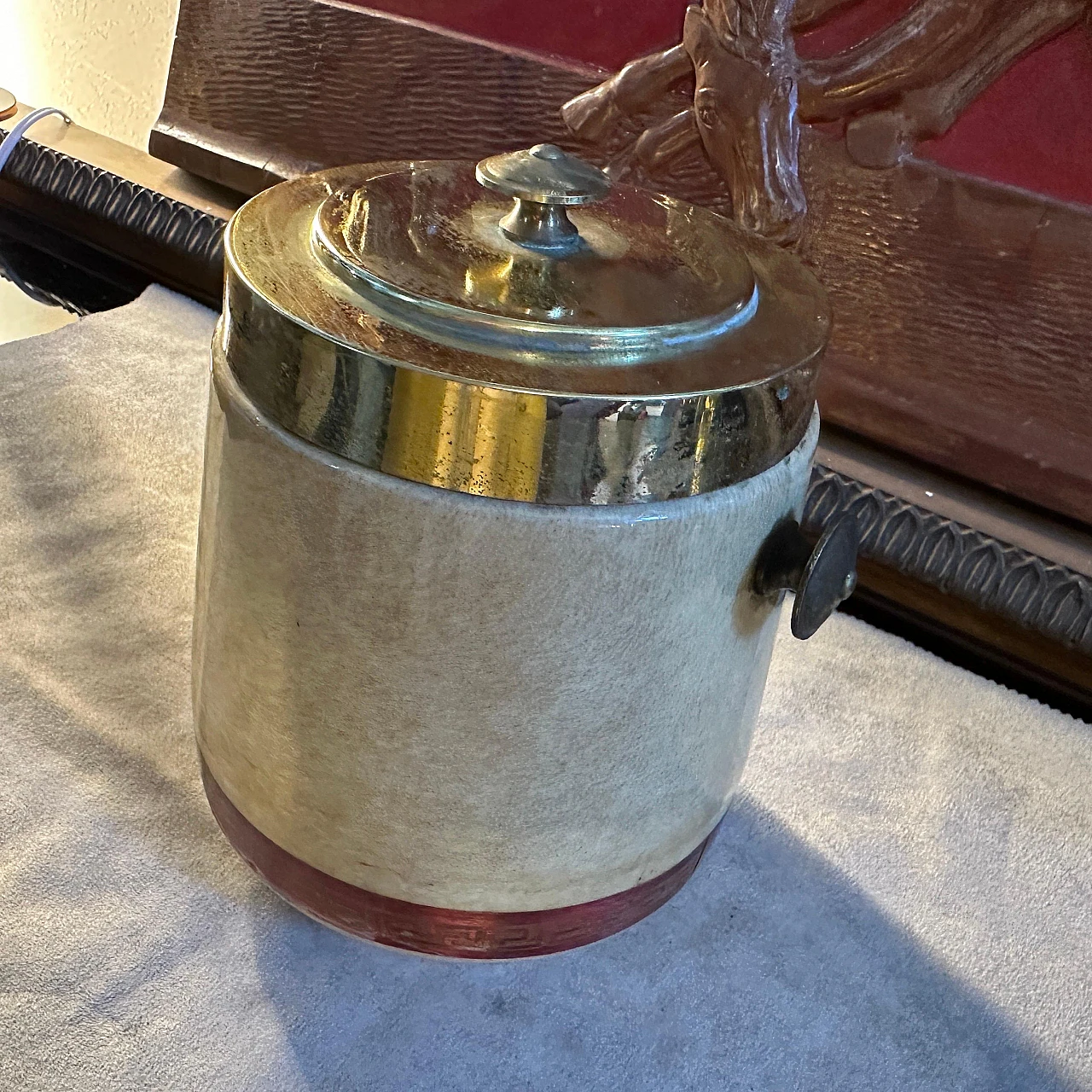 Brass and leather ice bucket by Aldo Tura, 1950s 6