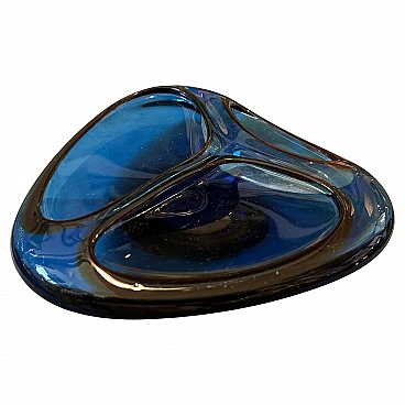 Triangular blue and brown Murano glass ashtray, 1980s