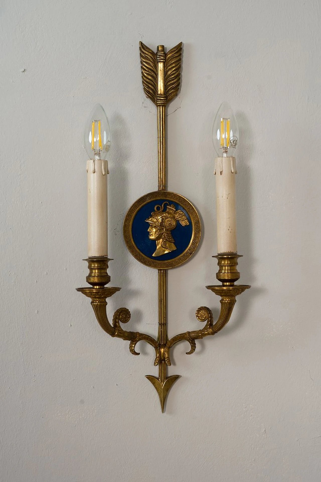 Pair of Neoclassical style bronze and fabric wall lights, 1940s 2