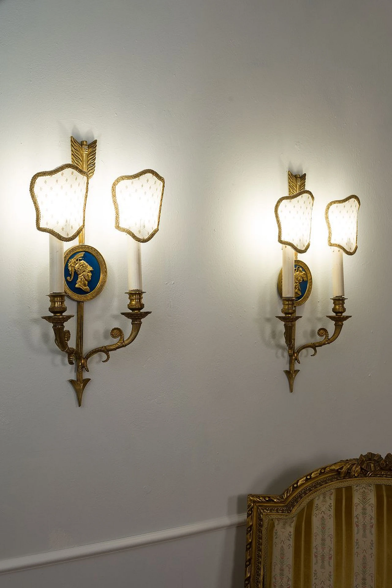 Pair of Neoclassical style bronze and fabric wall lights, 1940s 5