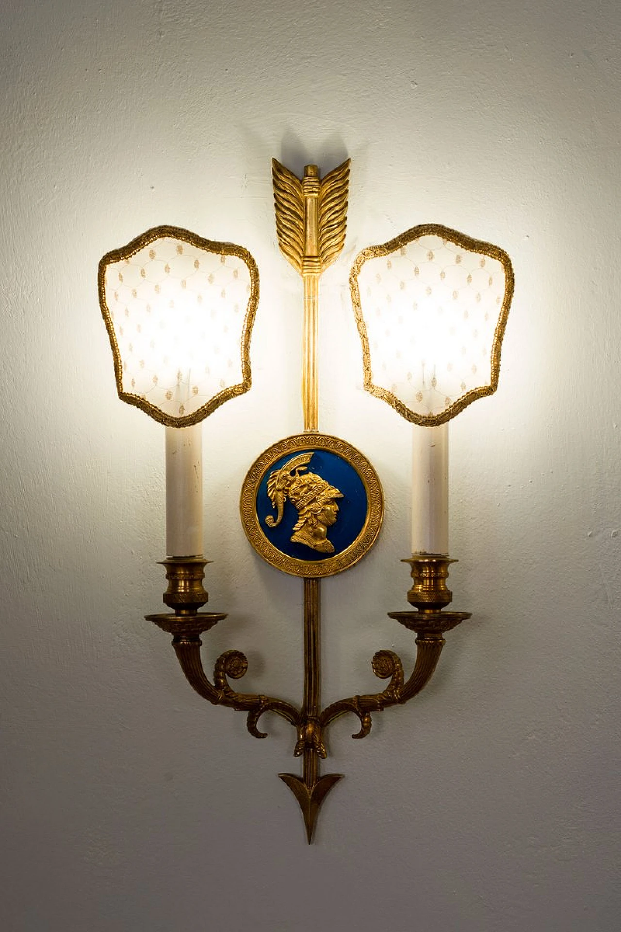 Pair of Neoclassical style bronze and fabric wall lights, 1940s 8