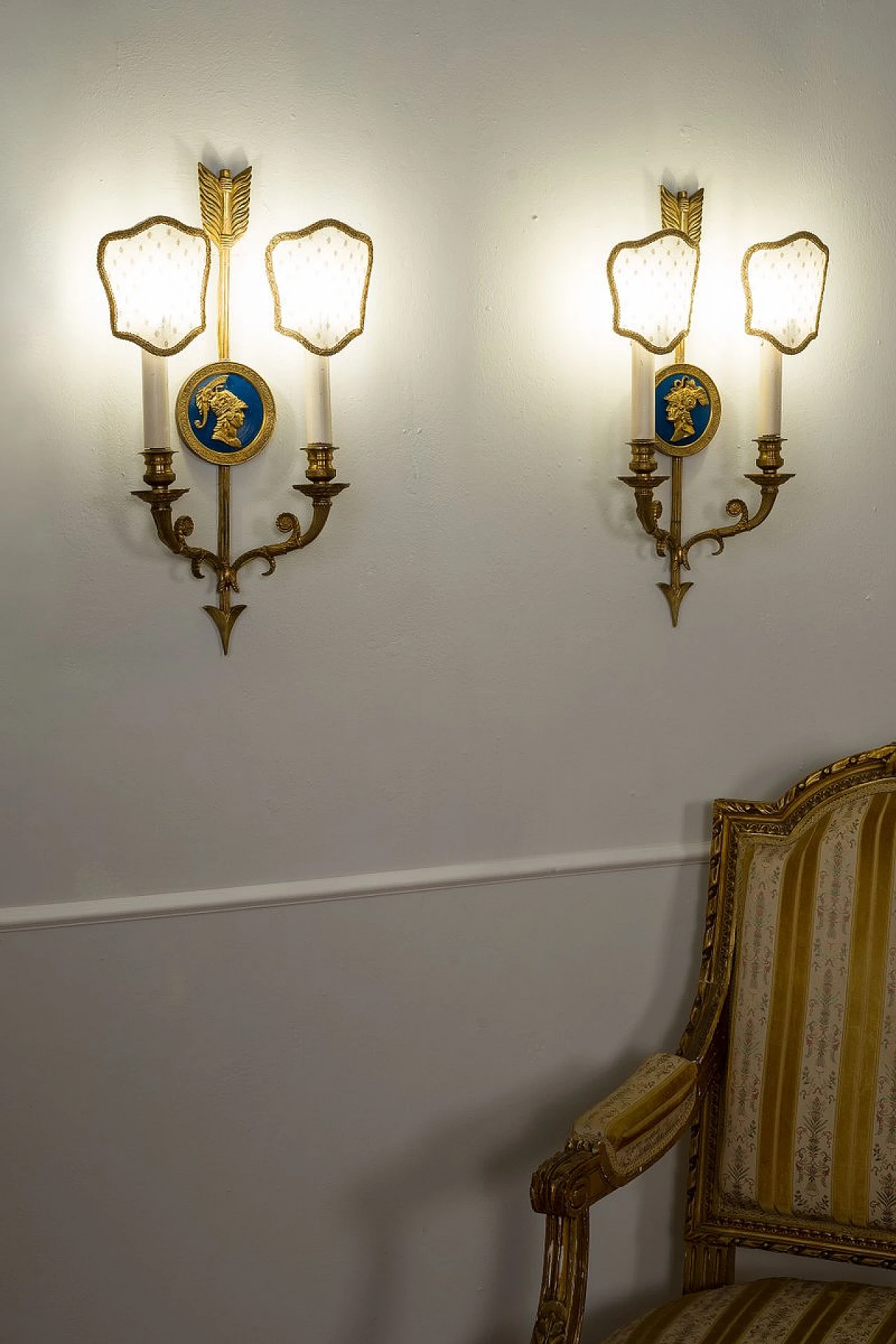 Pair of Neoclassical style bronze and fabric wall lights, 1940s 9