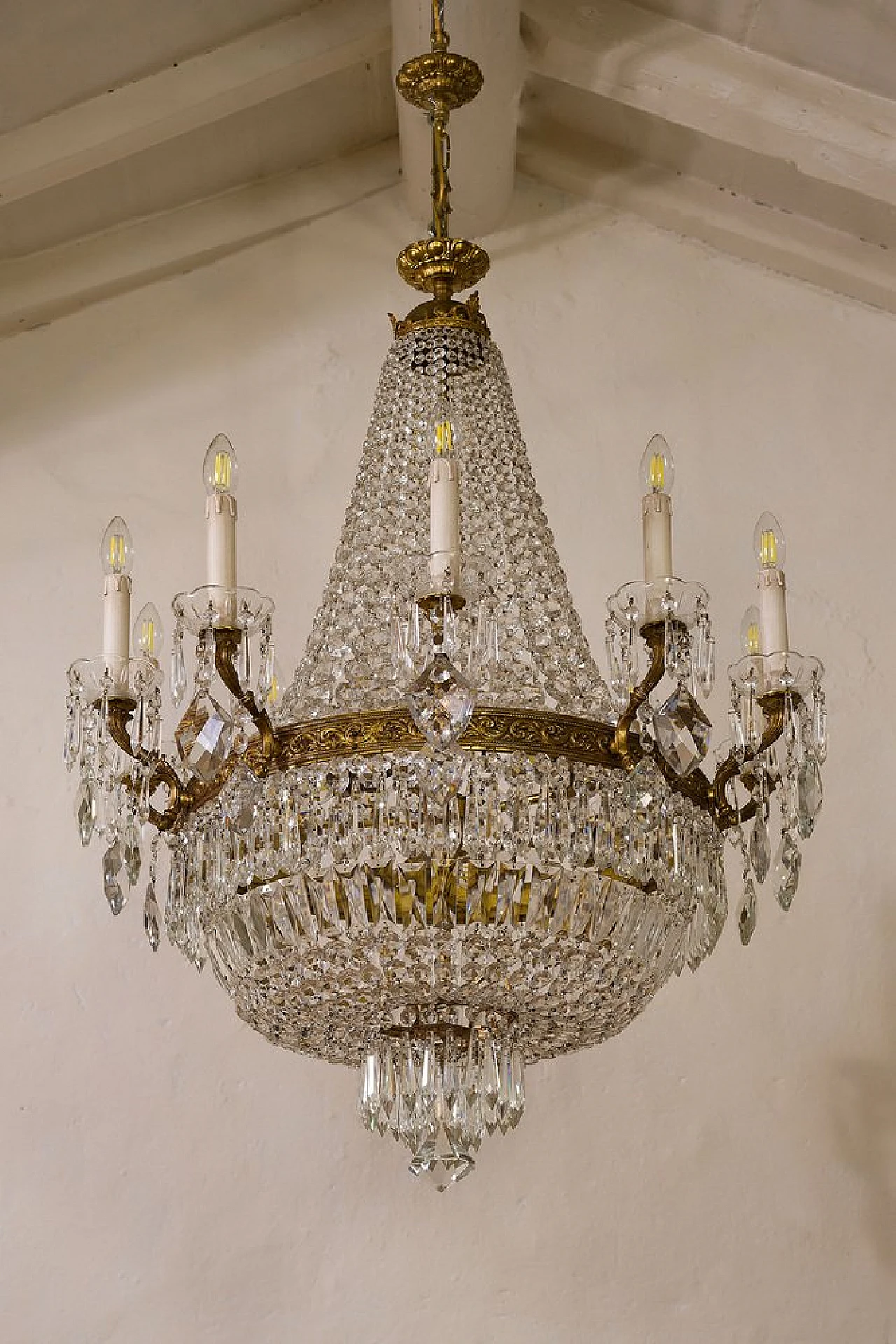 Lampadario stile Impero in ottone e cristallo, anni '40 1