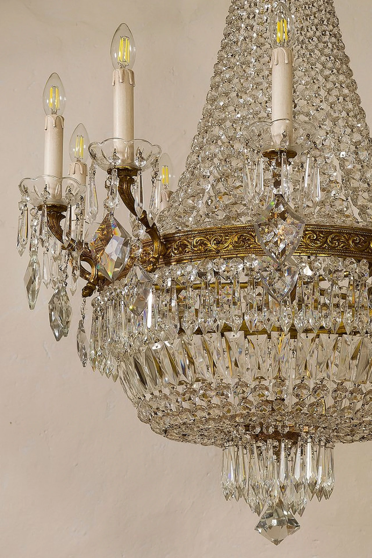 Lampadario stile Impero in ottone e cristallo, anni '40 6