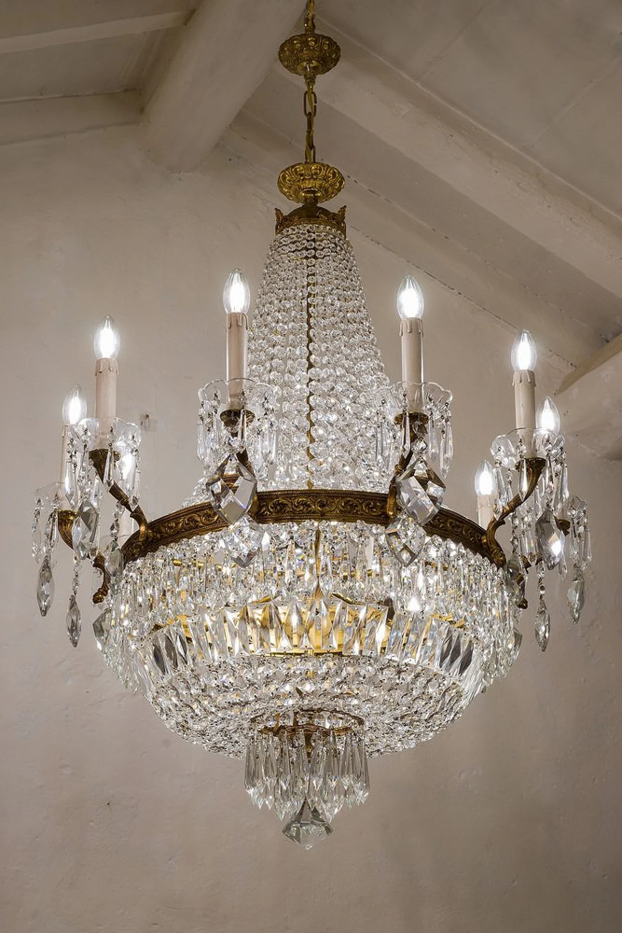 Lampadario stile Impero in ottone e cristallo, anni '40 8