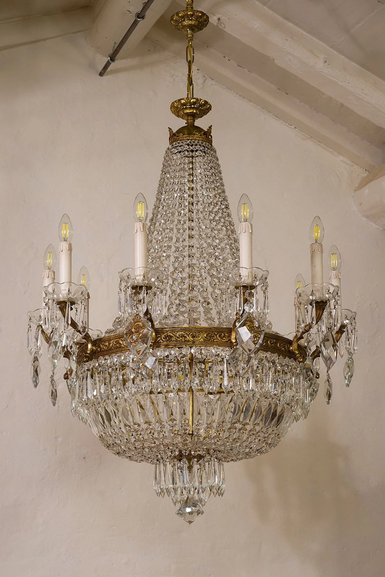 Lampadario stile Impero in ottone e cristallo, anni '40 9