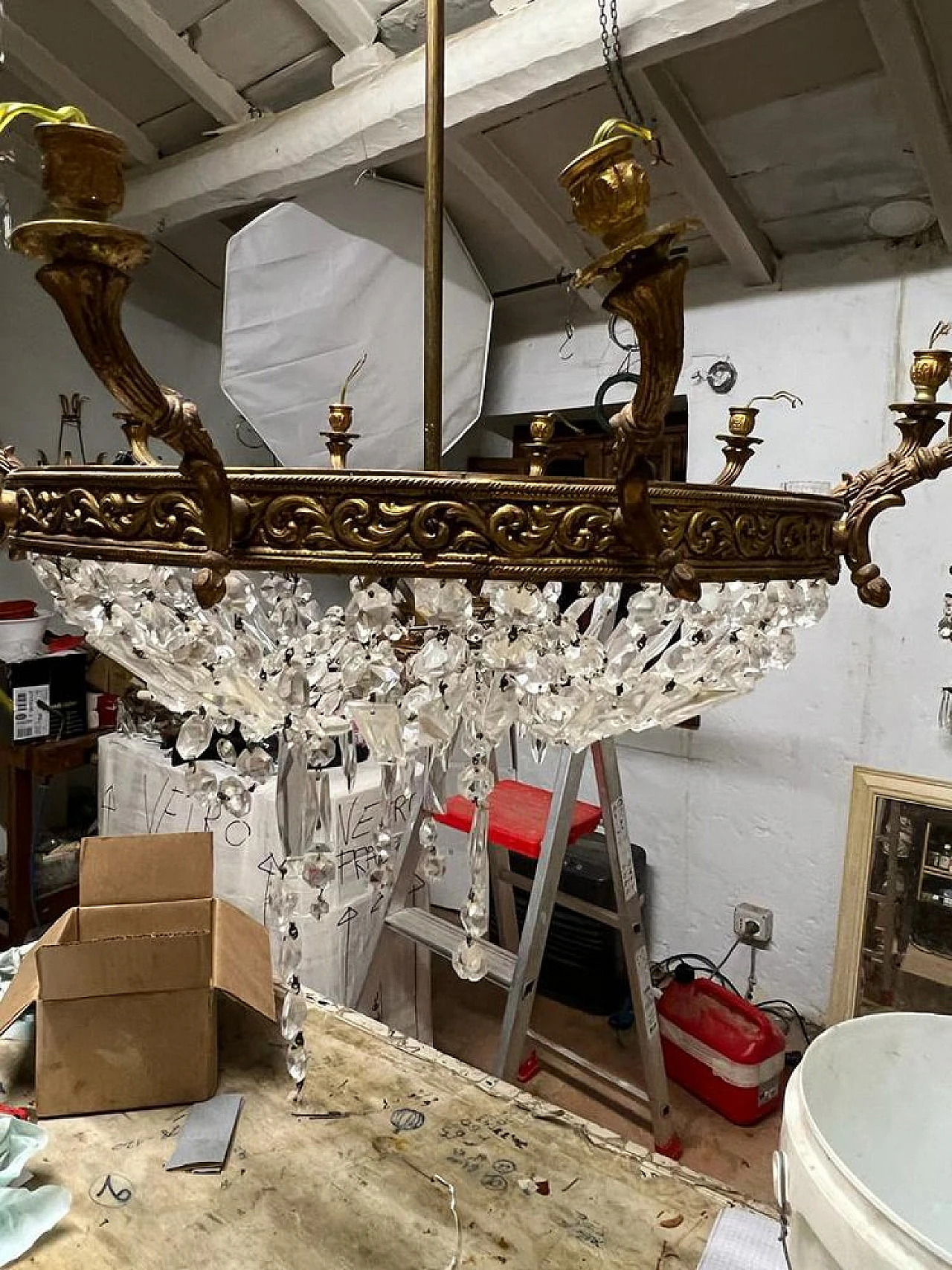 Empire style brass and crystal chandelier, 1940s 11