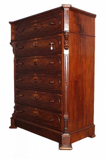 Ancient chest of drawers Tuscany L. Filippo 1860. Walnut feather.