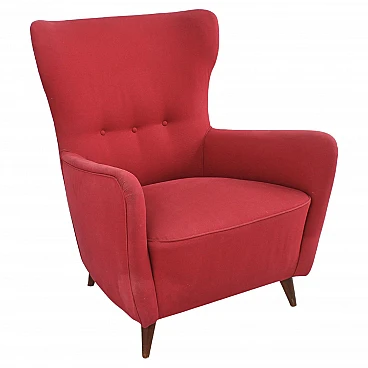 Wooden and red fabric armchair in the style of Giò Ponti, 1950s