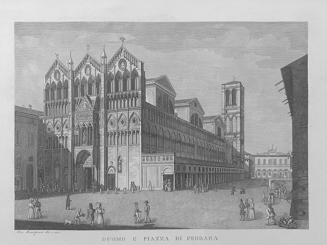 B. Rosaspina, Cathedral and Square of Ferrara, etching, 19th century 1