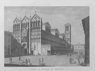 B. Rosaspina, Cathedral and Square of Ferrara, etching, 19th century