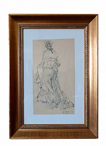 Pio Joris, female figure, Indian ink drawing on paper, 19th century