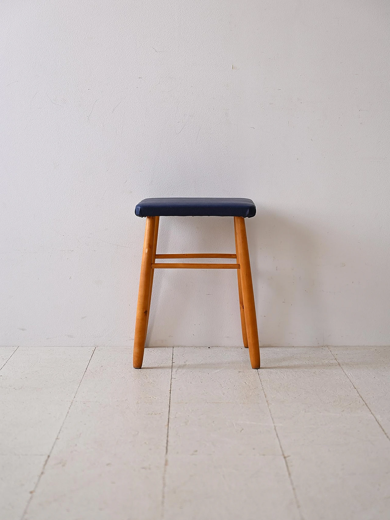 Scandinavian wood and blue leatherette stool, 1960s 1