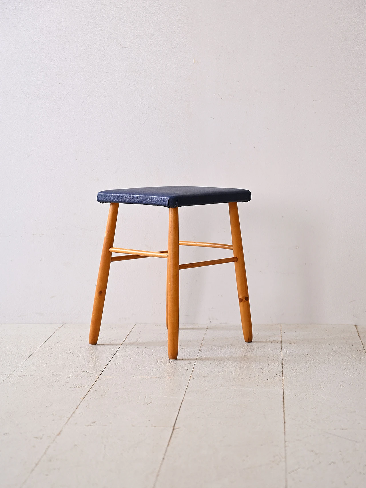 Scandinavian wood and blue leatherette stool, 1960s 2