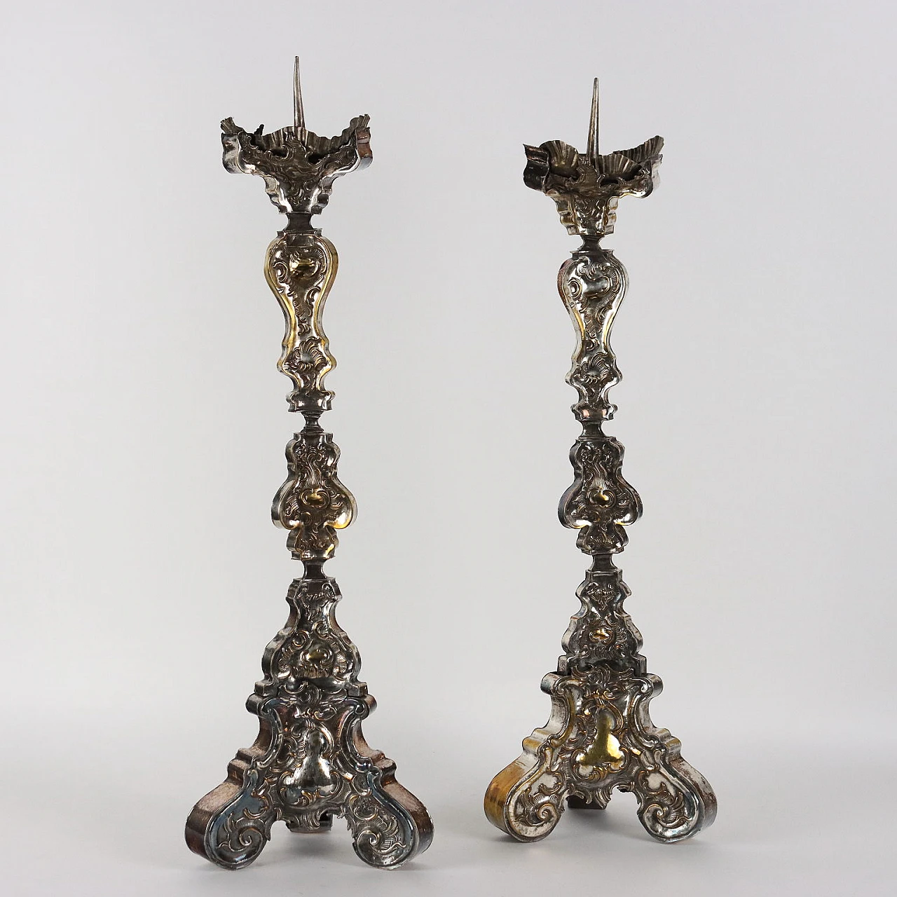 Pair of candelabra in embossed and silvered brass plate, 18th century 1