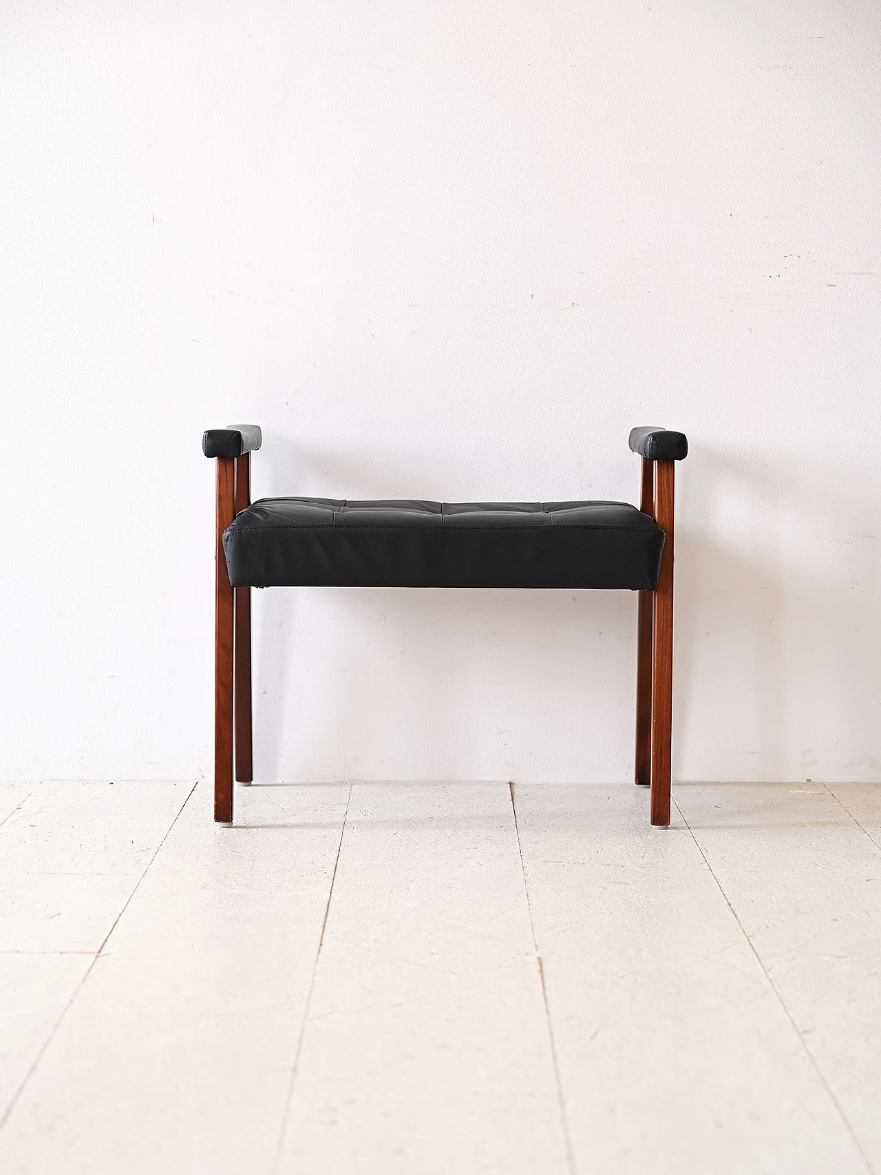 Scandinavian wood and black leatherette pouf, 1960s 1