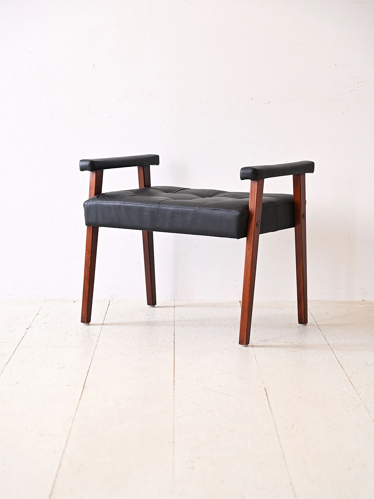 Scandinavian wood and black leatherette pouf, 1960s 2