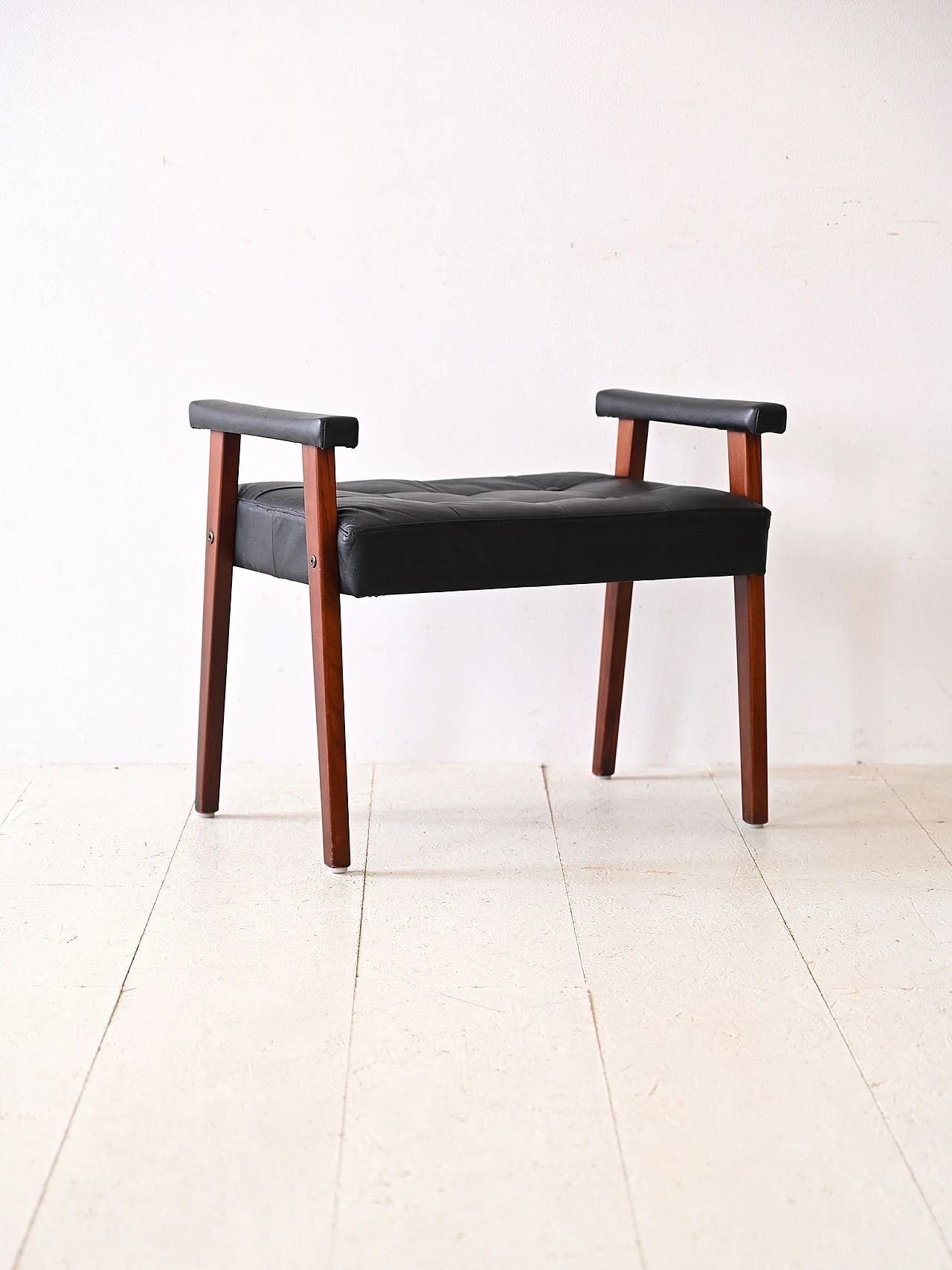 Scandinavian wood and black leatherette pouf, 1960s 3