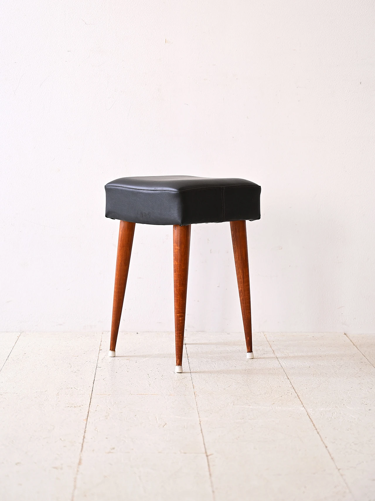 Scandinavian wood and black leatherette stool, 1960s 1