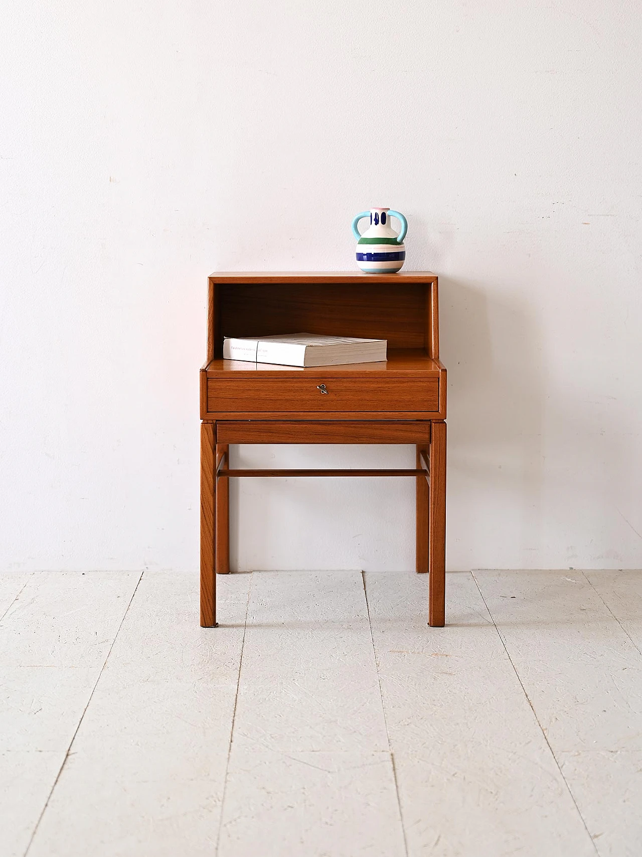 Scandinavian teak bedside table with double shelf and drawer, 1960s 1