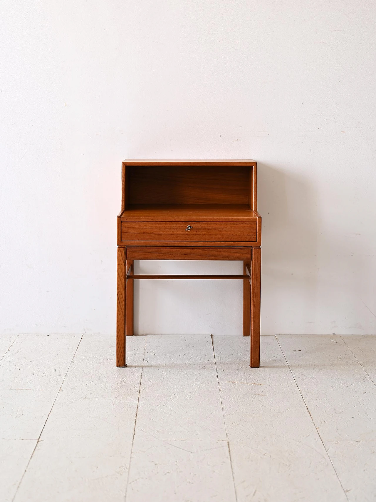 Scandinavian teak bedside table with double shelf and drawer, 1960s 2