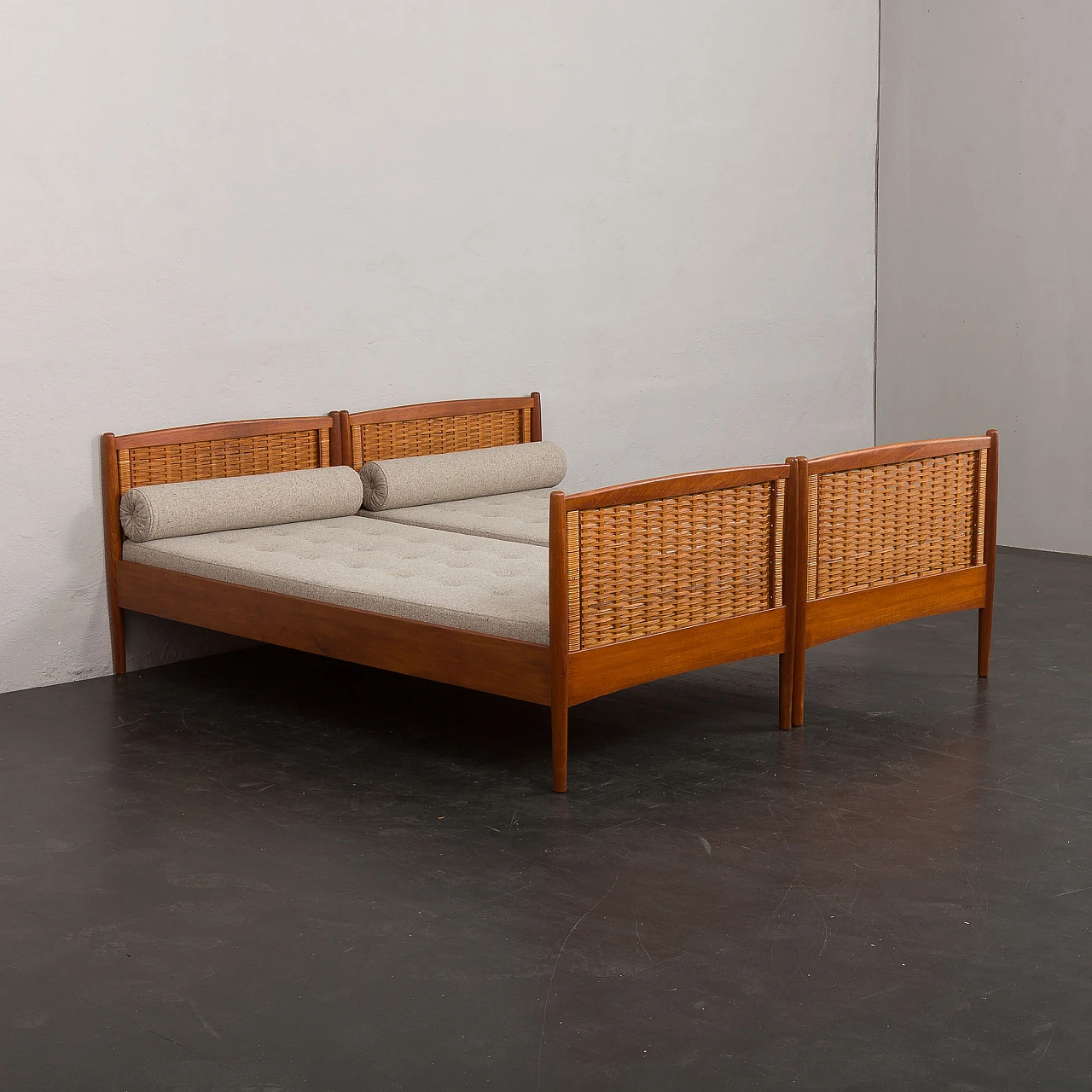 Pair of teak and rattan beds attributed to Kai Winding, 1950s 1