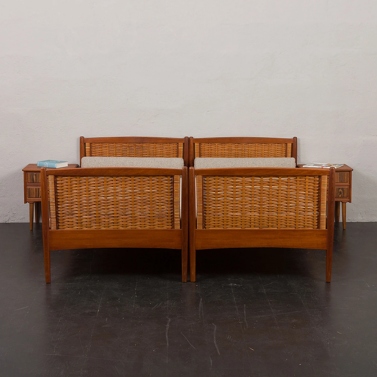 Pair of teak and rattan beds attributed to Kai Winding, 1950s 3