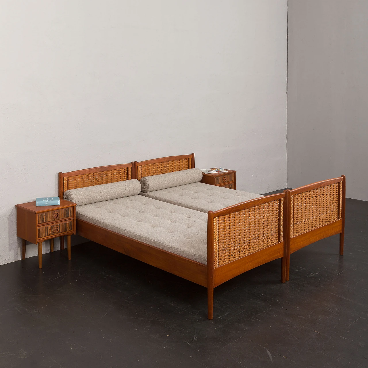 Pair of teak and rattan beds attributed to Kai Winding, 1950s 5