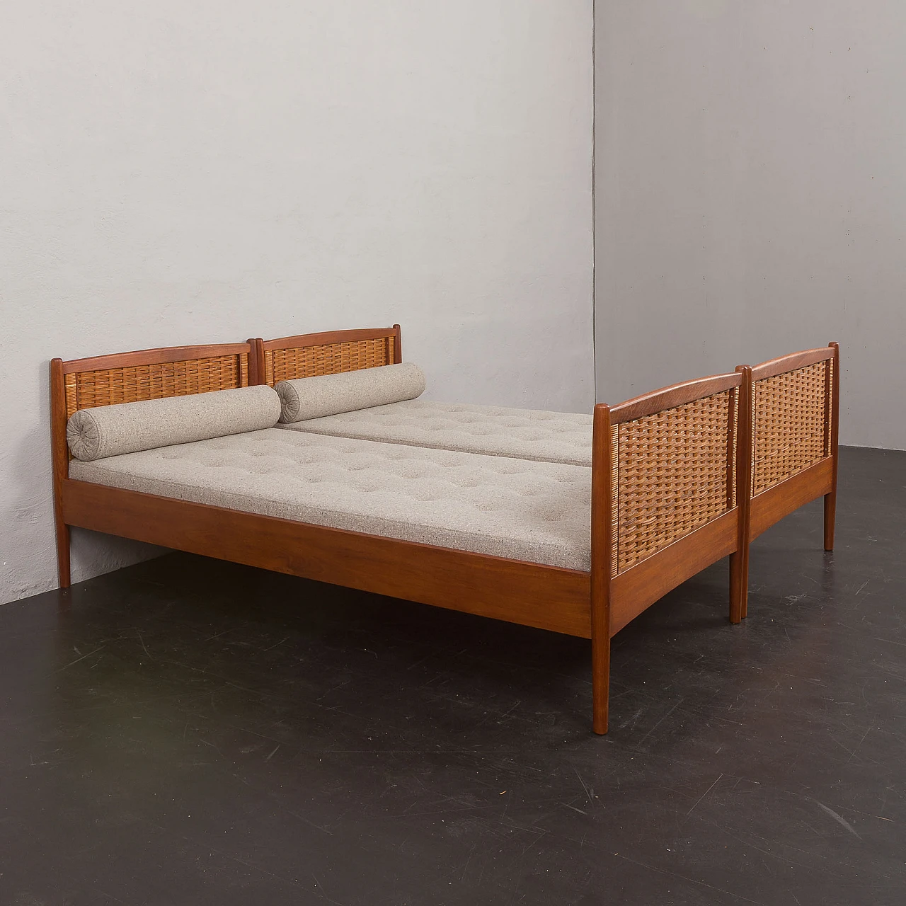 Pair of teak and rattan beds attributed to Kai Winding, 1950s 8