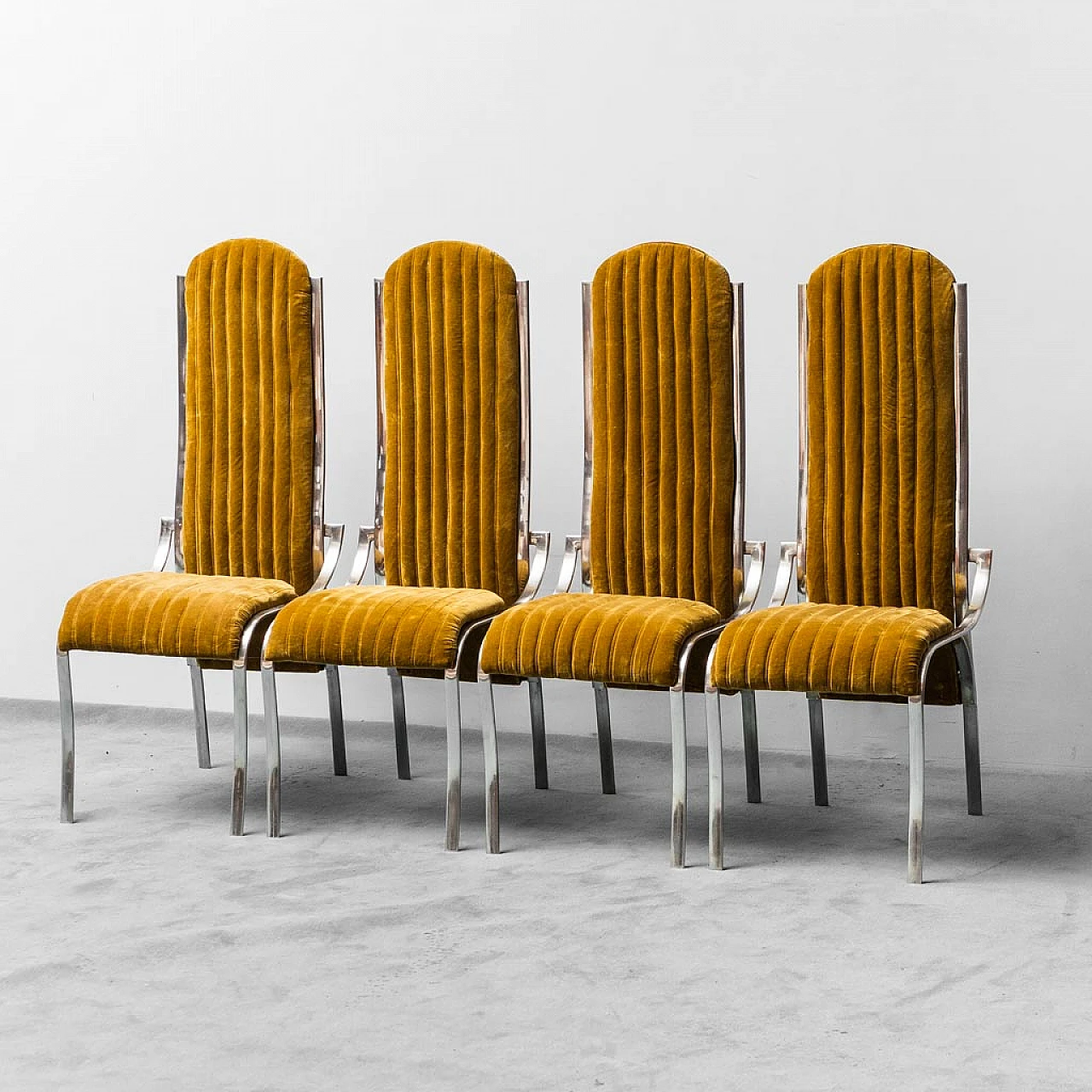 4 Chairs in metal and mustard yellow velvet, 1970s 1