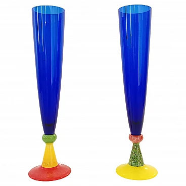 Pair of blue Murano glass flutes by Bisazza & Rotella, 2000