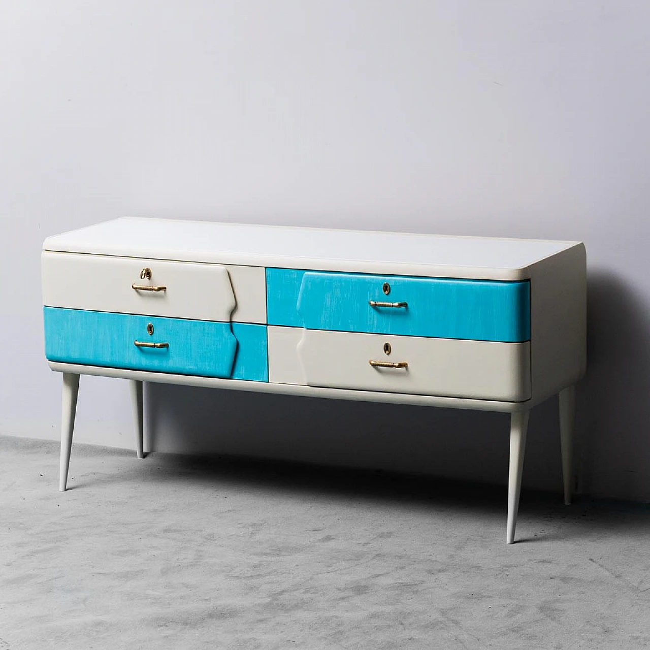 Ivory, white and light blue wood chest of drawers, 1960s 1