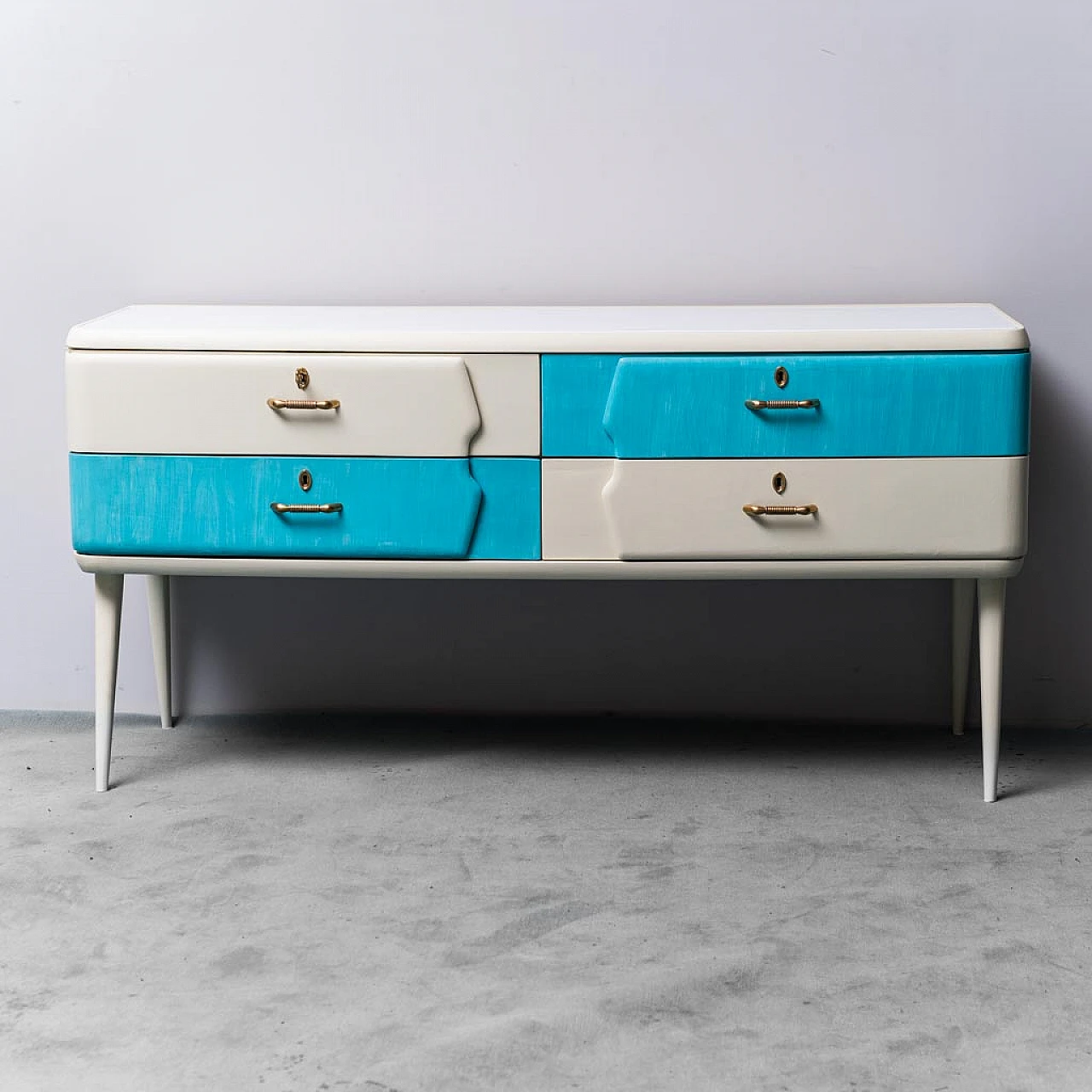 Ivory, white and light blue wood chest of drawers, 1960s 8