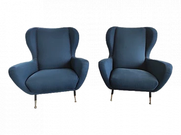 Pair of armchairs in blue fabric and brass feet, 1960s
