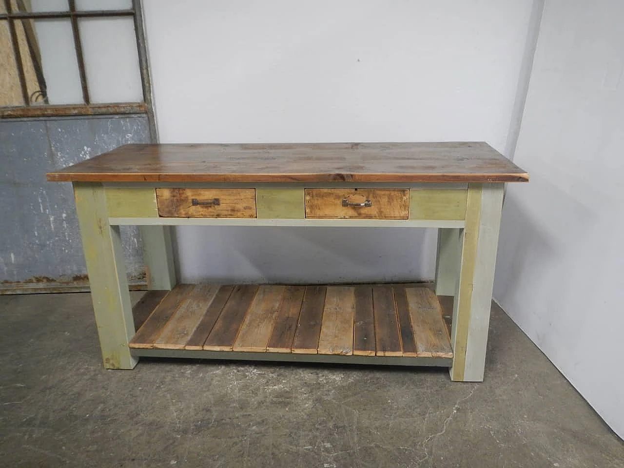 Green and brown varnished spruce workbench, 1950s 1