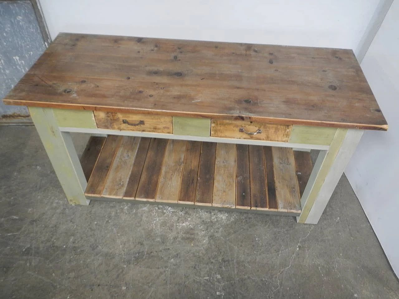 Green and brown varnished spruce workbench, 1950s 2