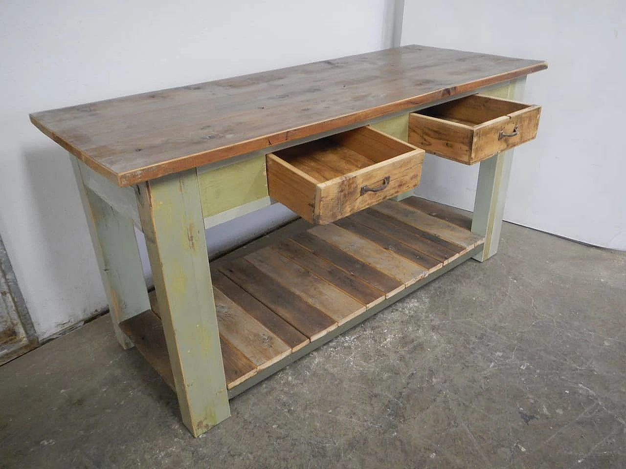 Green and brown varnished spruce workbench, 1950s 3