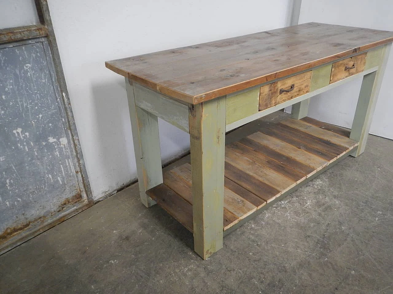 Green and brown varnished spruce workbench, 1950s 4