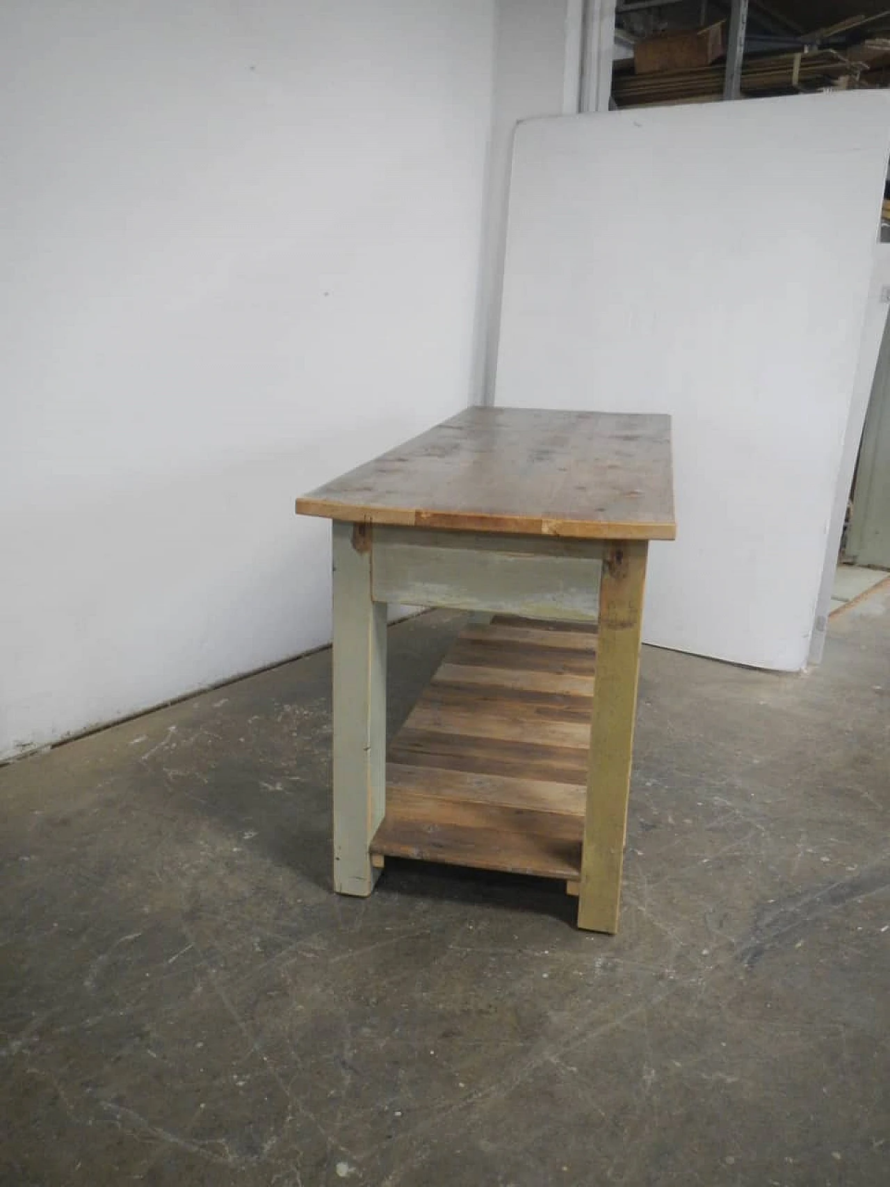 Green and brown varnished spruce workbench, 1950s 5