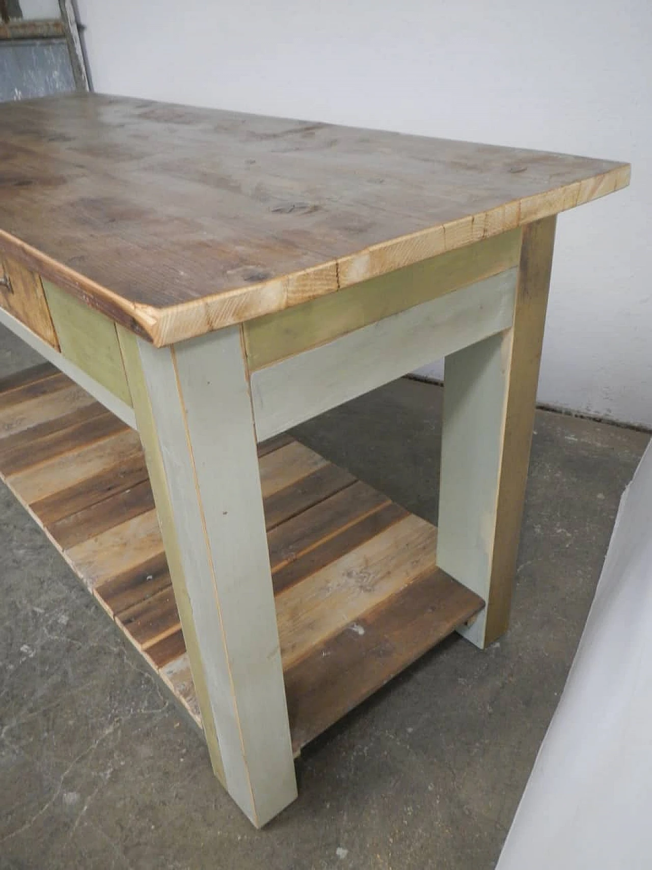 Green and brown varnished spruce workbench, 1950s 7