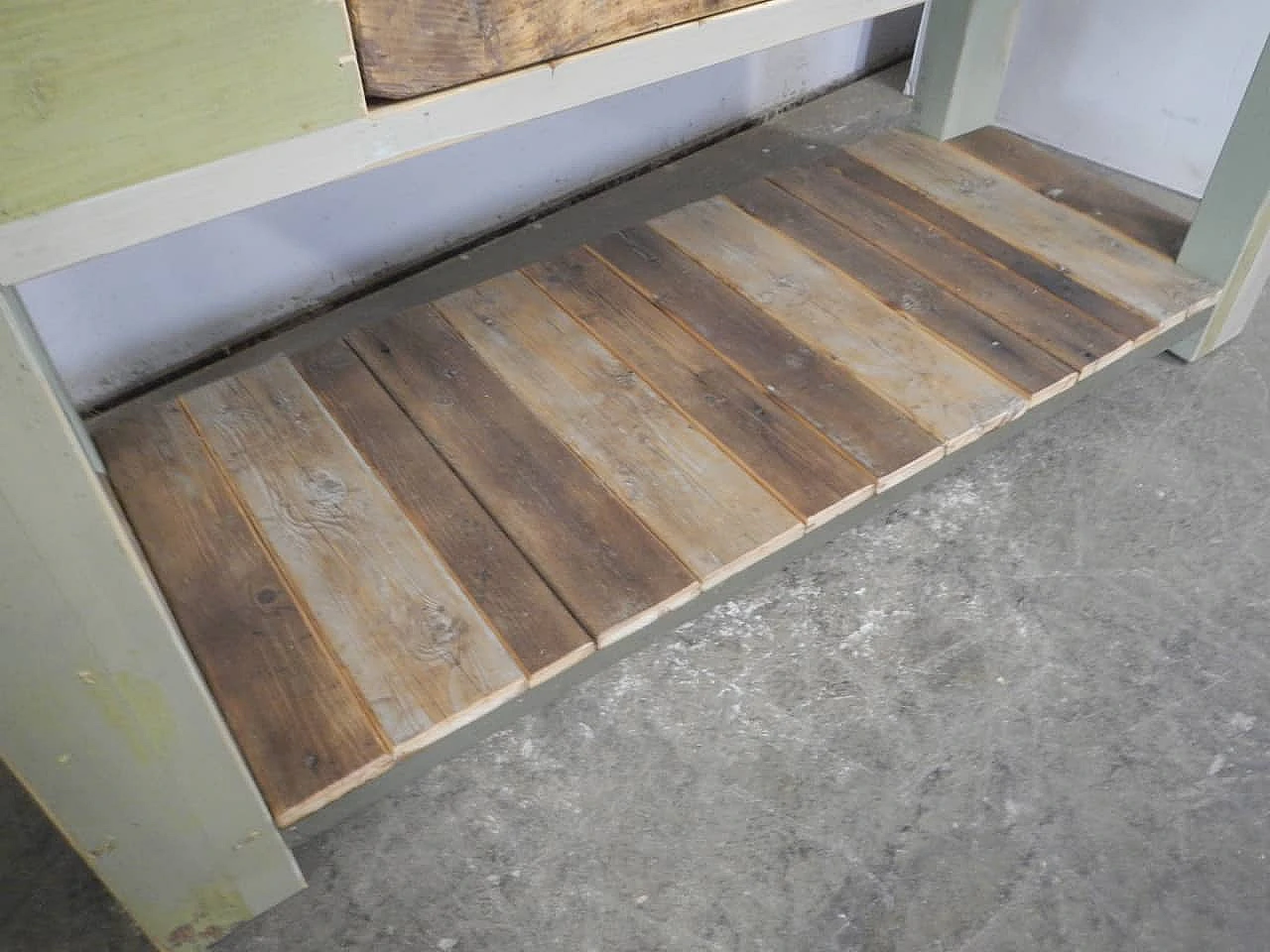 Green and brown varnished spruce workbench, 1950s 8