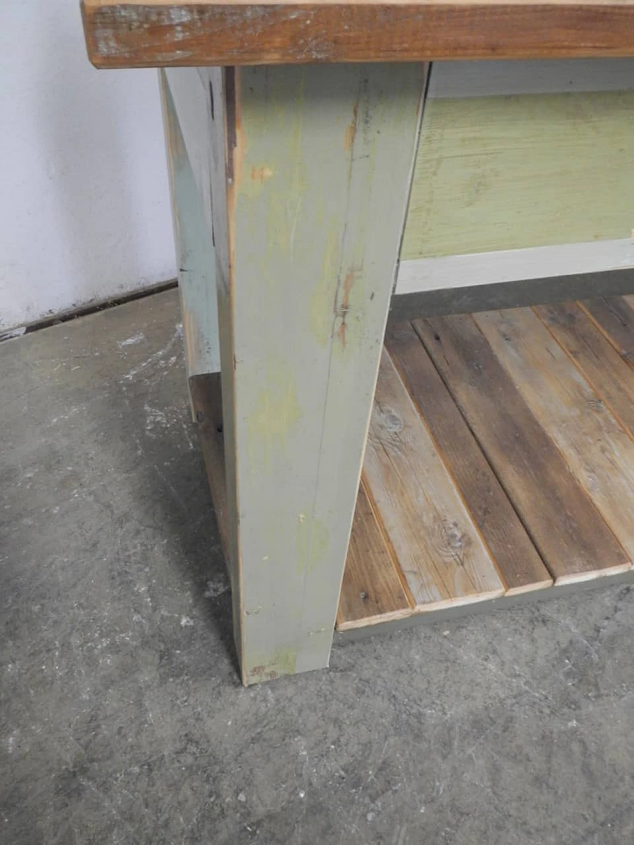 Green and brown varnished spruce workbench, 1950s 9