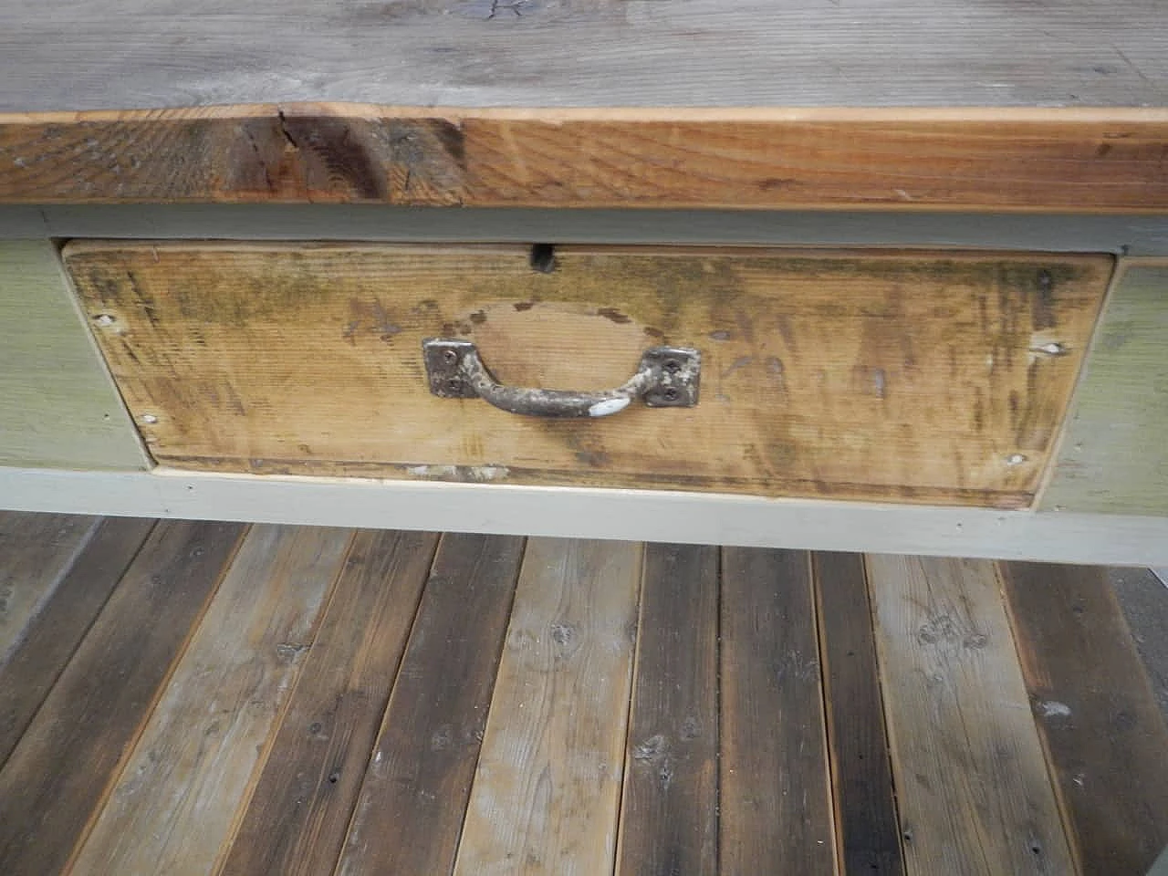 Green and brown varnished spruce workbench, 1950s 10