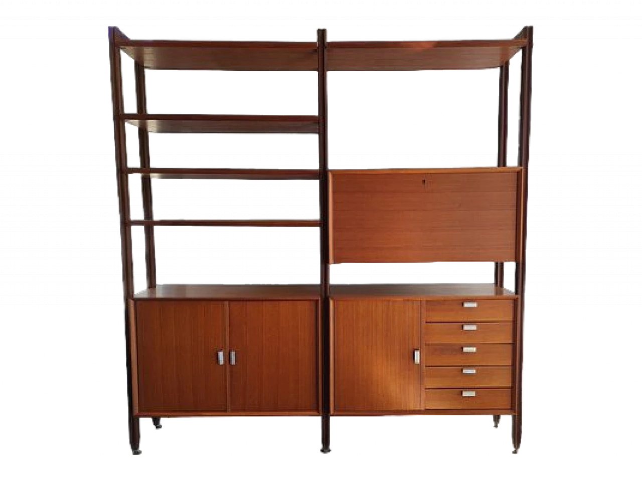 Swedish wooden bookcase with drawers & flap desk, 1960s 24