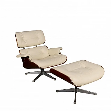 Armchair & pouf in white leather by C. O. Eames for H. Miller, 1970s
