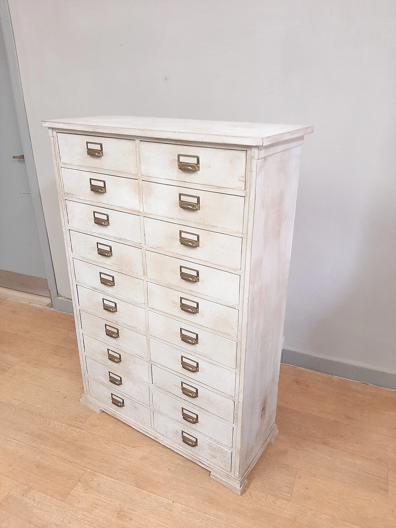 White wood filing cabinet with brass handles, early 20th century 3