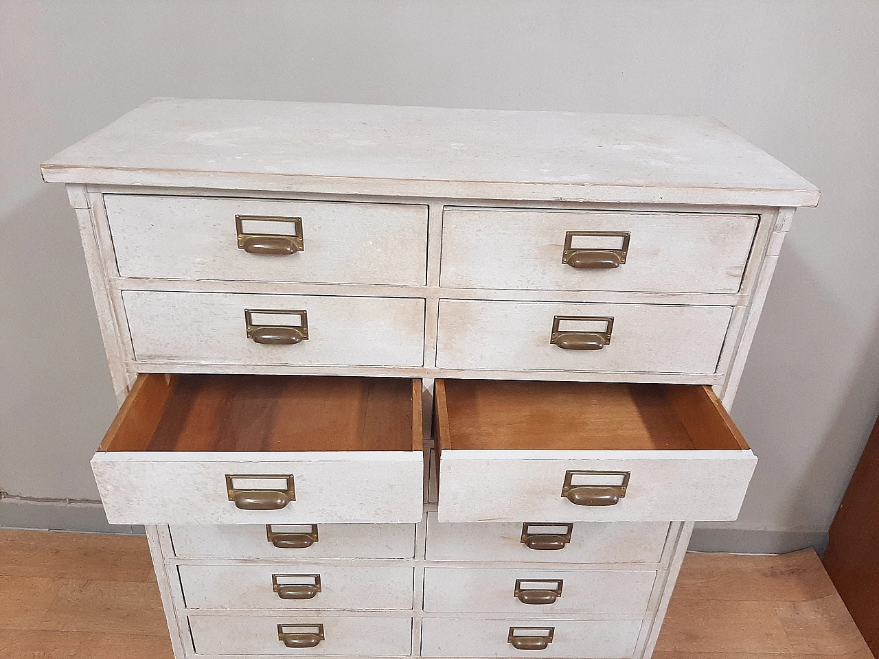 White wood filing cabinet with brass handles, early 20th century 4