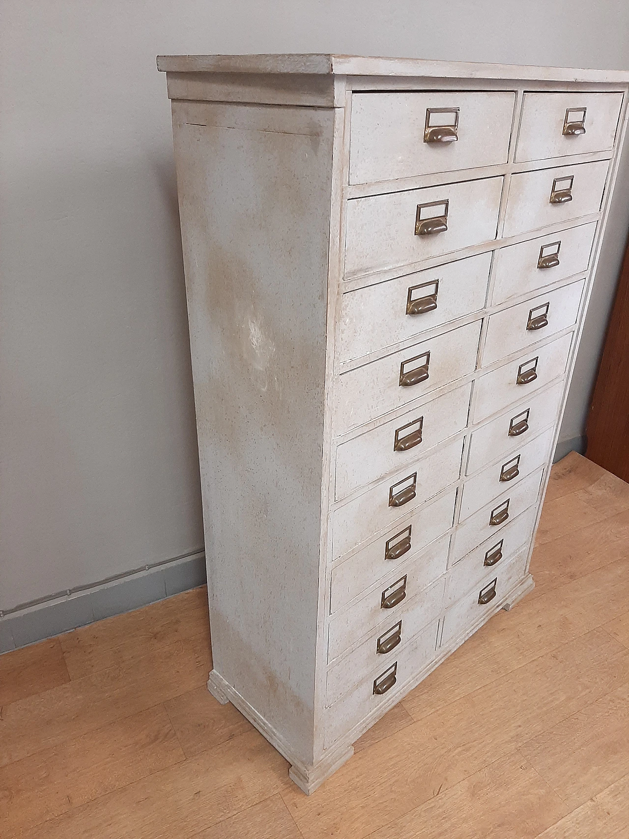 White wood filing cabinet with brass handles, early 20th century 5