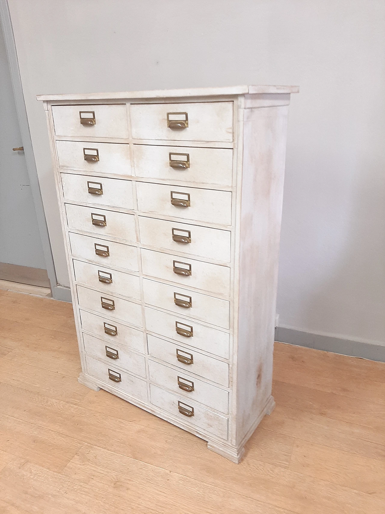 White wood filing cabinet with brass handles, early 20th century 7